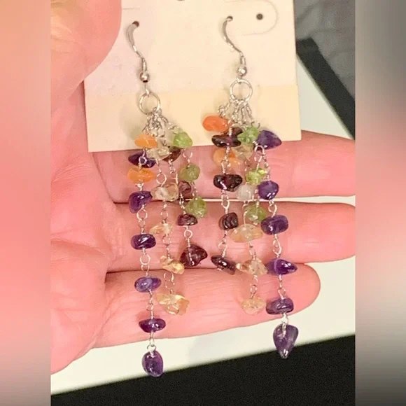 Pretty 925 Sterling Silver Multi Color Gemstone Dangling Earrings - Picture 2 of 12